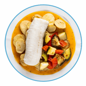 Merluza del cabo con pisto al pimentón