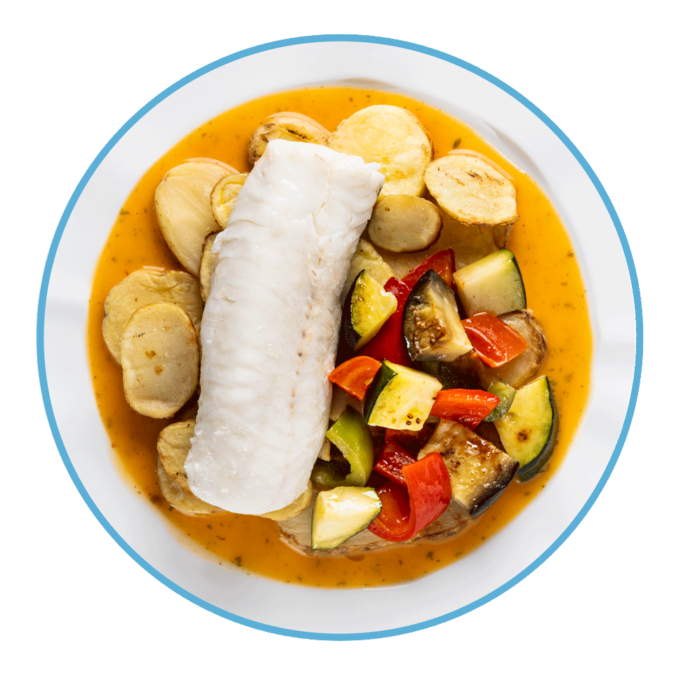 Merluza del cabo con pisto al pimentón