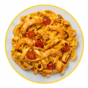 Tagliatelle en salsa napolitana con langostinos
