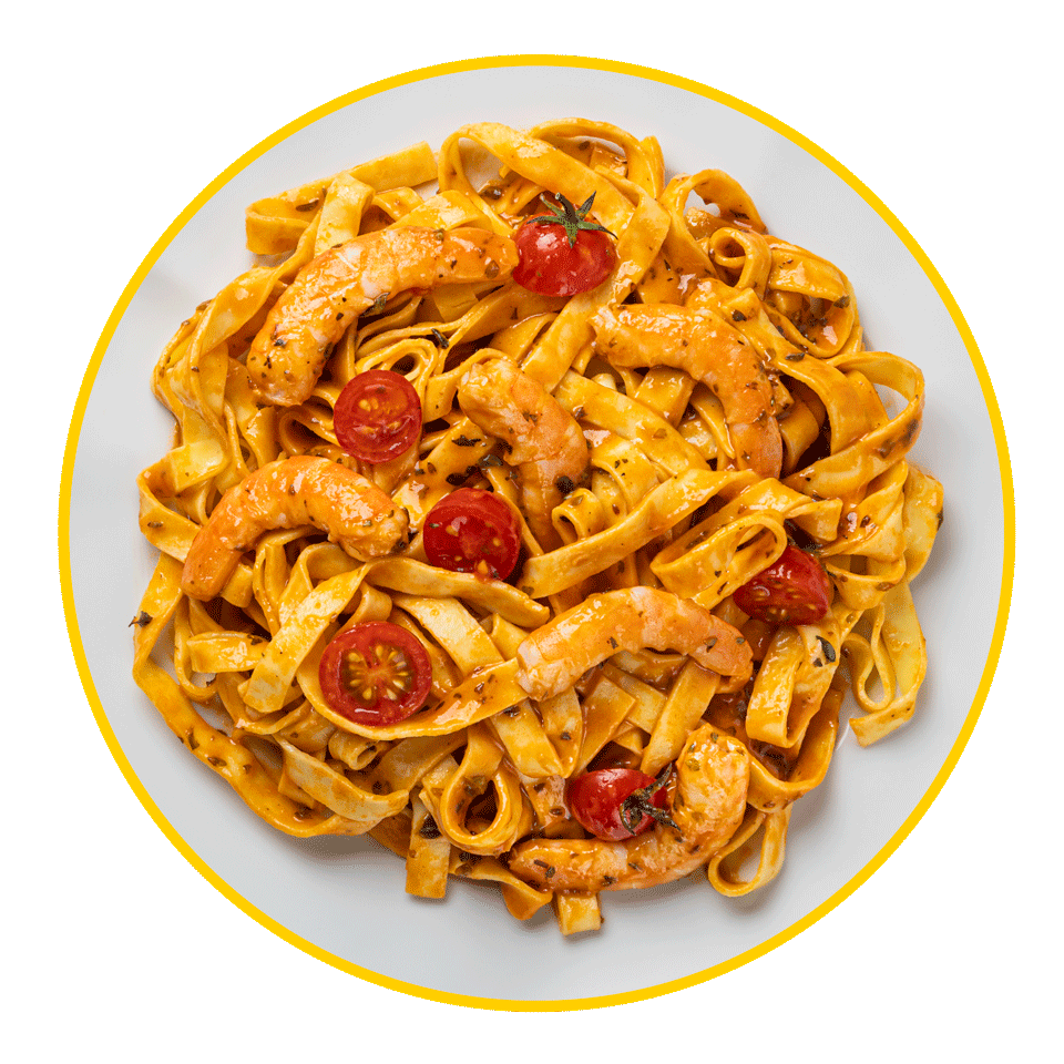 Tagliatelle en salsa napolitana con langostinos